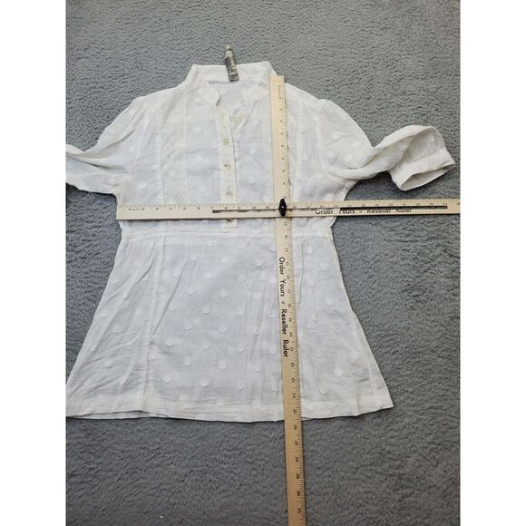 Fossil Blouse Top Womens Medium White Polka Dot Cotton 3/4 Sleeve Button Front - Picture 9 of 10